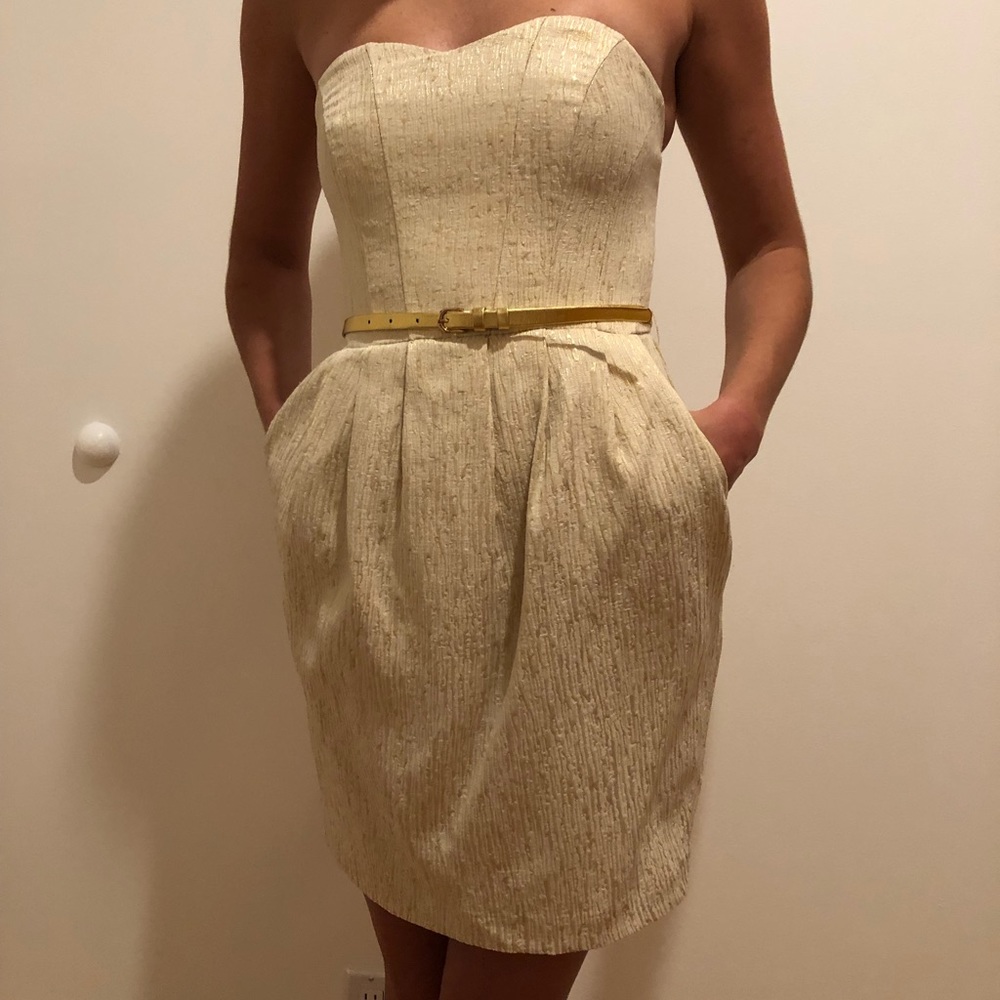 H&M Classy Gold Strapless Cocktail Dress with Belt & Pockets - Size 4 - Picture 4 of 9